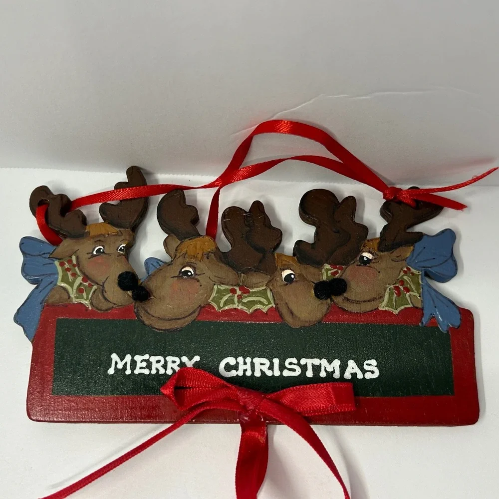 Hand Painted Wooden Christmas Ornaments Snowman‎ Reindeer Set of 4 Winter Cute
